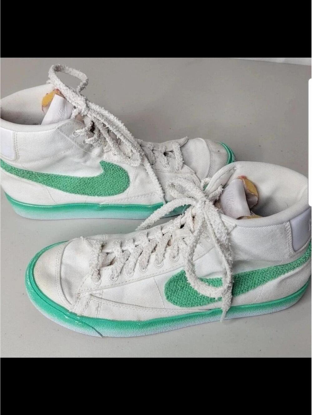 Nike Blazer Mid 77 Chenille High-Top Sneakers in White with Mint Green Swoosh